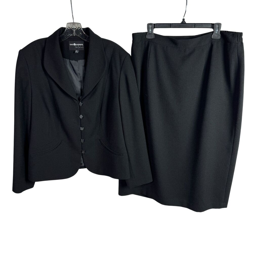 Sag Harbor Women's 2 Piece Skirt Suit Size 18W Black Blazer Jacket & Skirt
